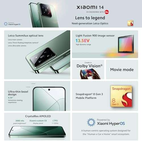 Xiaomi 14 Black - Smartphone 12+512GB, Snapdragon 8 Gen3 3.3GHz, 120Hz 6.36'' AMOLED Display - w/Voucher