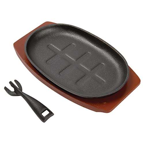 Olympia Cast Iron Oval Sizzler with Wooden Stand 280mm, Size: 280(W) x 190(D)mm - Ideal for Serving Curries, Steaks, Kebabs
