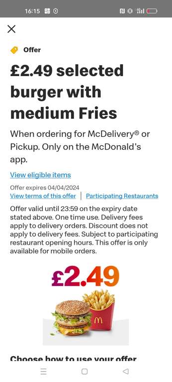 McDonald's App Deal - selected burgers with fries (account specific)