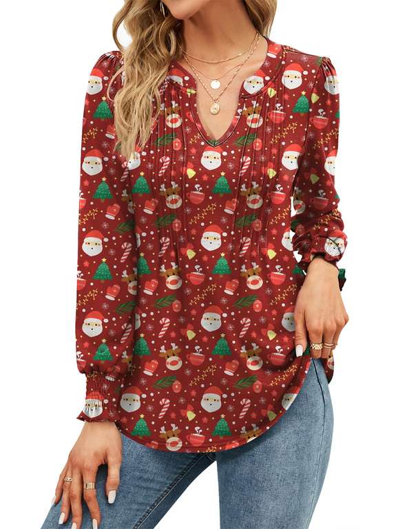 Womens V Neck Tops Puff Short Sleeve T-Shirt Pleated Floral Printed ...