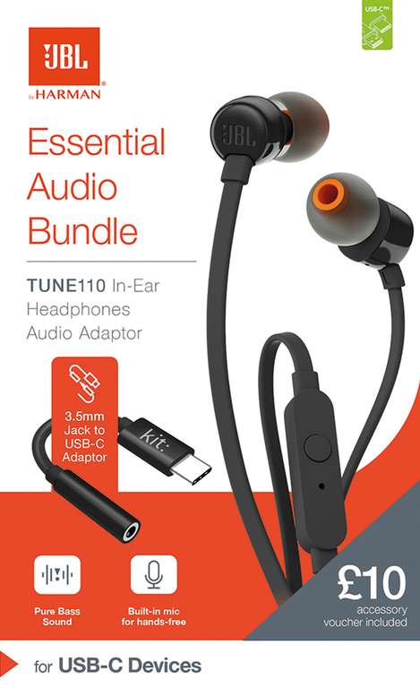 JBL Tune 110 Wired Earphones + Kit 3.5mm - USB c Adapter / Or In White With 3.5mm - Lightning Adapter