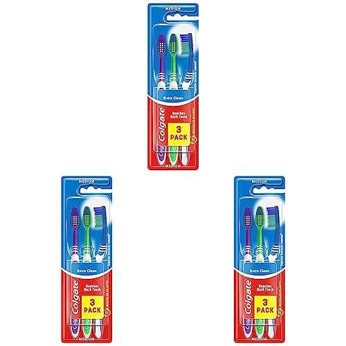 Colgate Extra Clean Medium Toothbrush (Assorted) with a Cleaning Tip That Reaches and Cleans Back Teeth, (Pack of 9)