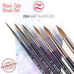 ZenART Supplies Professional Brushes Gouache Watercolour Fluid Acrylic Inks - Squirrel & Synthetic Blend 6-pc Set, Black Tulip Collection