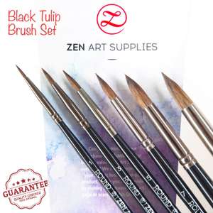 ZenART Supplies Professional Brushes Gouache Watercolour Fluid Acrylic Inks - Squirrel & Synthetic Blend 6-pc Set, Black Tulip Collection