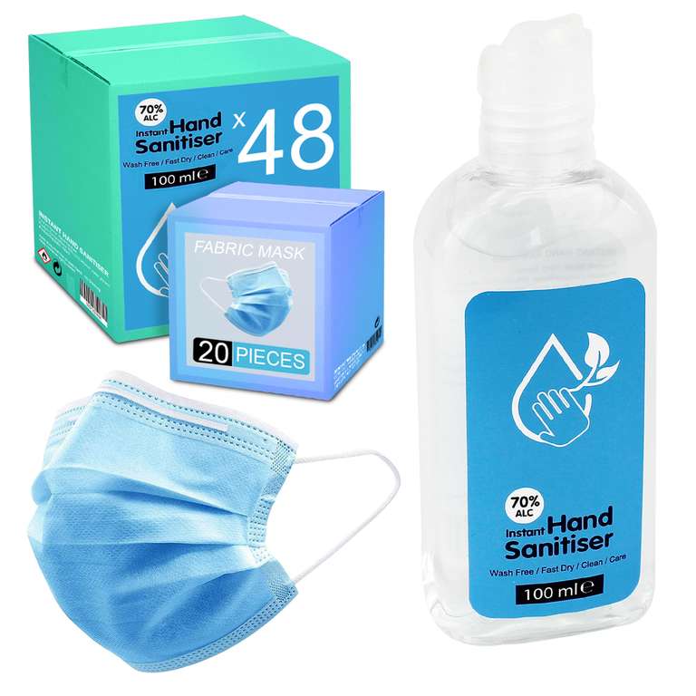 48 100ml Bottles Hand Sanitiser 70% Ethanol & 20 Free 3-Layer Face Masks - UK Mainland (Out of date products - Expiry: June 2022)