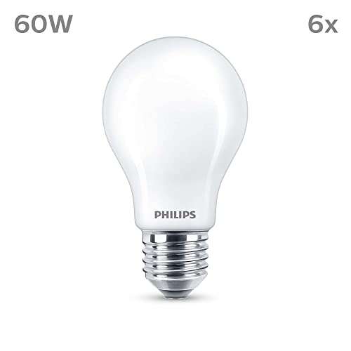 PHILIPS LED Frosted A60 Light Bulb 6 Pack [Warm White 2700K - E27 Edison Screw] 60W, Non Dimmable