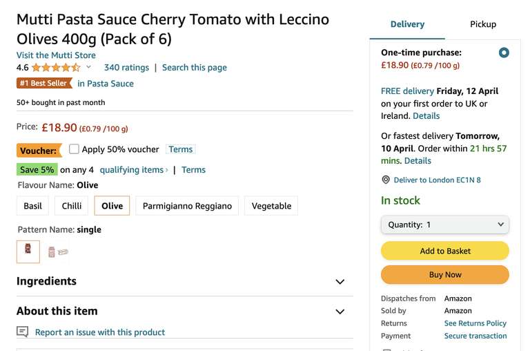 Mutti Pasta Sauce Cherry Tomato with Leccino Olives 400g (Pack of 6) w/voucher