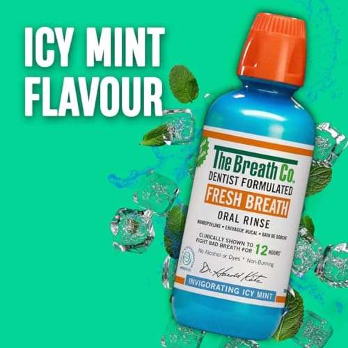 The Breath Co Alcohol Free Mouthwash - Dentist Formulated Oral Rinse for 12 Hours of Fresh Breath - Icy Mint Flavour, 500ml
