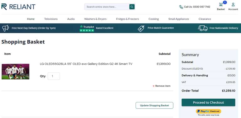 LG OLED55G26LA 55" OLED with 5 year warranty - £1259.10 delivered with code at Reliant Direct