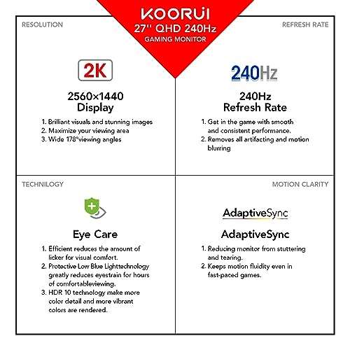 KOORUI 27 Gaming Monitor,Full HD 165hz 1ms, DCI-P3 90% Color Gamut,  Adaptive Sync Compatible, (1920 x 1080, HDMI, DisplayPort) Black