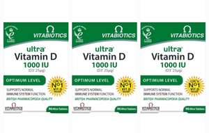 3 x Vitabiotics Ultra Vitamin D Tablets 1000IU Optimum Level - 96 count in each pack (3 packs for 2) £7.65 with max S&S and applied voucher