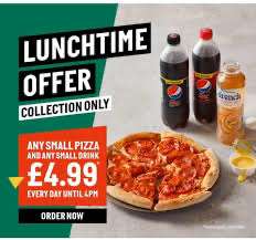 Lunchtime deal Any small 9.5’ pizza and small 500ml drink - £4.99 Instore Collection Only @ Papa Johns