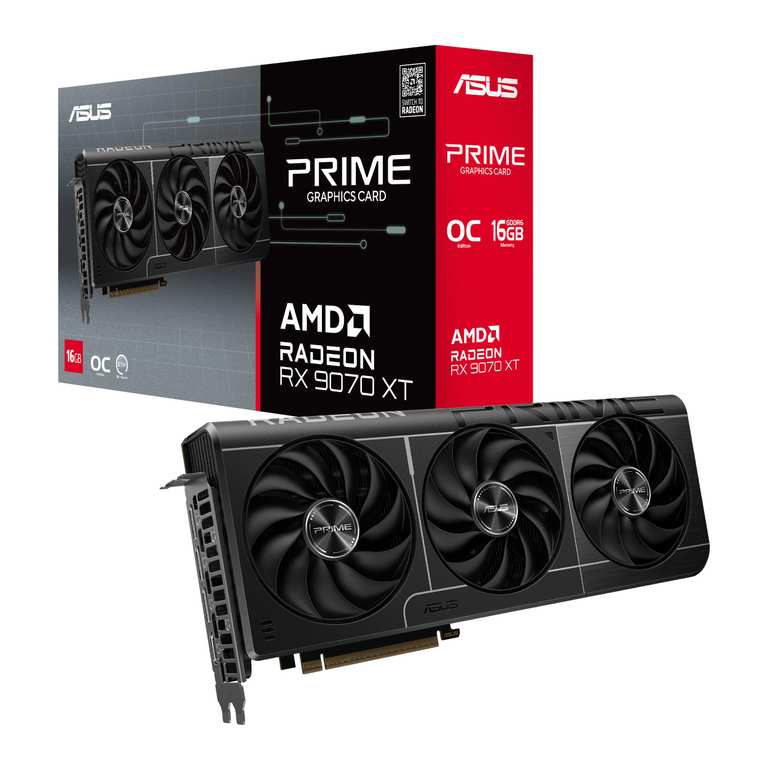 ASUS PRIME RX9070 XT OC, PCIe5, 16GB DDR6, HDMI, 3 DP, 3030MHz Clock, Overclocked, Compact SFF-Ready