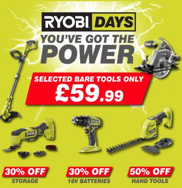 Ryobi Days Sale - Selected Bare Tools for £59.99 | E.g. Ryobi 18V ONE+ Cordless Stapler / 18V ONE+ Cordless Multi Tool (UK Mainland)