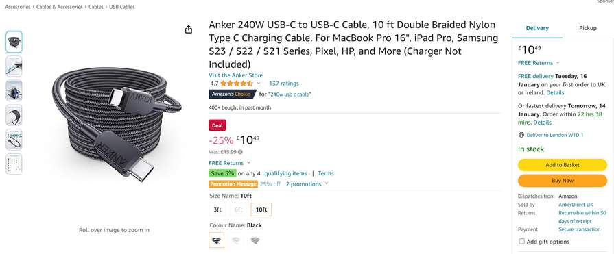 Anker 240W USB-C to USB-C Cable, 10 ft Double Braided Nylon Type C