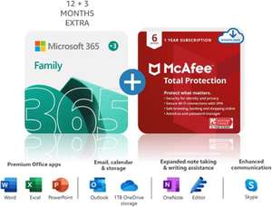 Microsoft 365 Family 15 months subscription + McAfee Total Protection 2022 - 6 Devices, 12 months £50.99 updated sold by Amazon Media EU