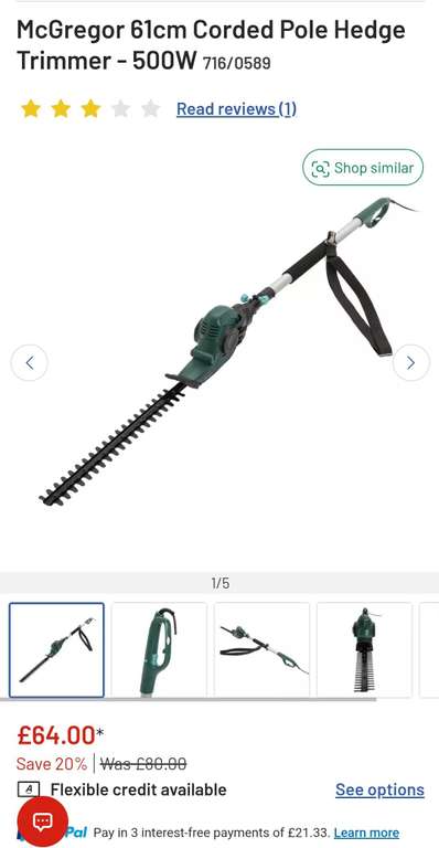 Telescopic McGregor 61cm Corded Pole Hedge Trimmer - 500W £64 with free click and collect at Argos