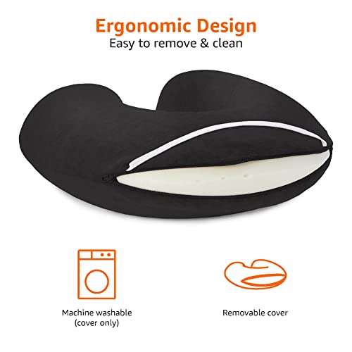 Amazon Basics Memory Foam Travel Neck Pillow with Removable Cover and Elastic Carrying Strap, Black, Semicircular