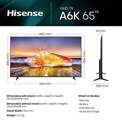 Hisense 65 Inch VIDAA Smart TV 65A6KTUK - Dolby Vision, Pixel Tuning, Voice Remote (2023)