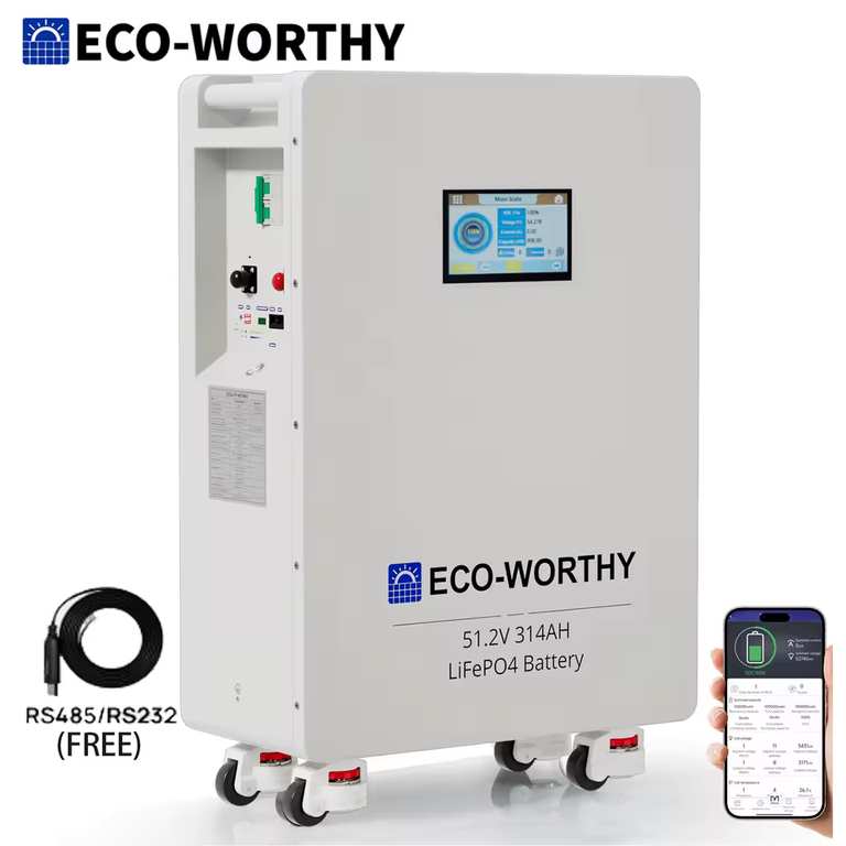 ECO-WORTHY 51.2V 314Ah Battery / Power Station ( Integrated PACE 200A Battery BMS / 6000+ cycles ) w/code@ECOWORTHY UK Store