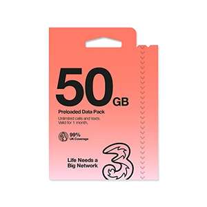 Three Mobile PAYG Voice Sim pack with 50gb preloaded data