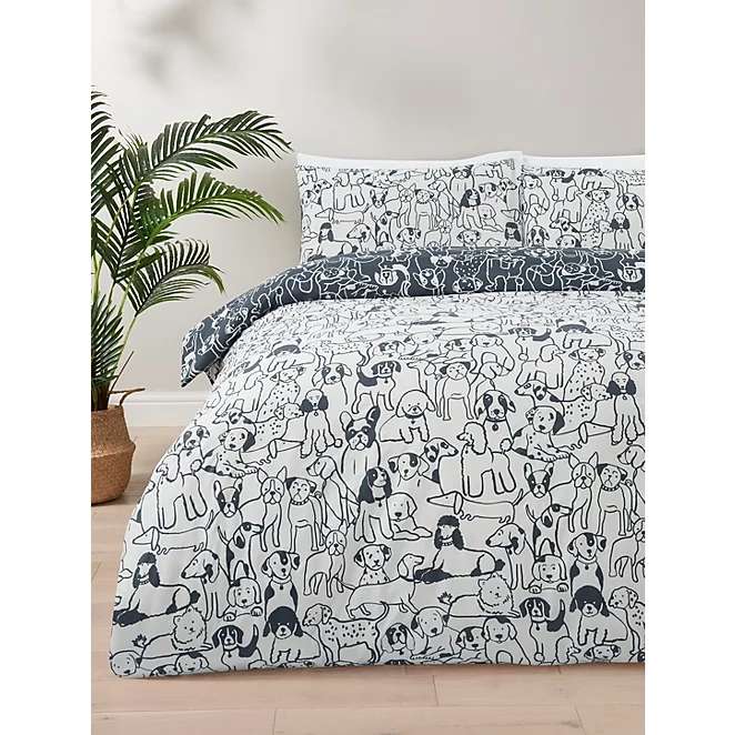 Dogs Soft Touch Charcoal Reversible Duvet Set & Pillowcases : Double £8 / King £9 + Free Click & Collect