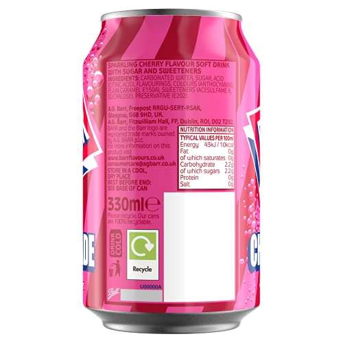 BARR since 1875, Cherryade, 24 pack Fizzy Drink Cans, Low Sugar, 24 x 330 ml - £7 @ Amazon