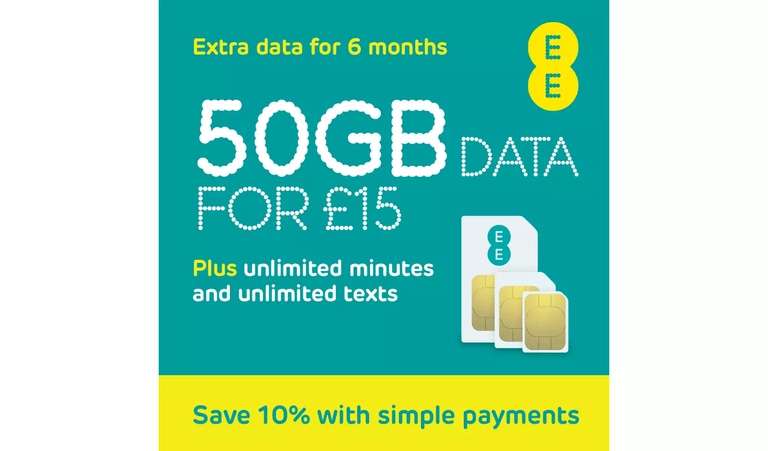 EE 50GB 5G data + Unlimited min & text - £15pm PAYG Sim - extra data for first 6 month - click and collect @ Argos