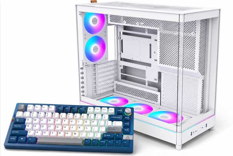 Montech HS02 PRO White Reversible Mid Tower PC Case + Free Montech MKey PRO Wireless Gateron Brown Switch Mechanical Gaming Keyboard