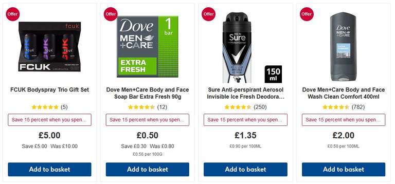 Save 15% When You Spend £20 On Selected Mens Products E.g. Dove Soap 90g 50p, L'Oreal Shower Gel 400ml £2.25- Online Only + Free C&C @ Boots