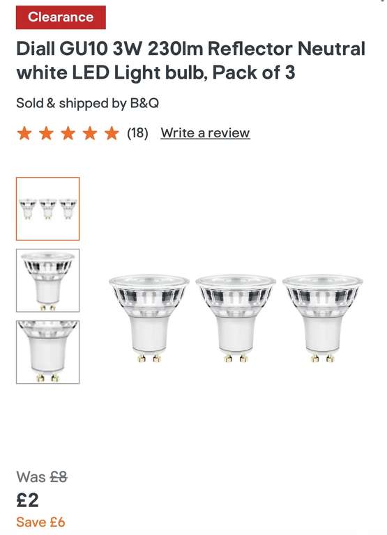 Diall GU10 3W 230lm Reflector Neutral white LED Light bulb, Pack of 3 free Click & Collect