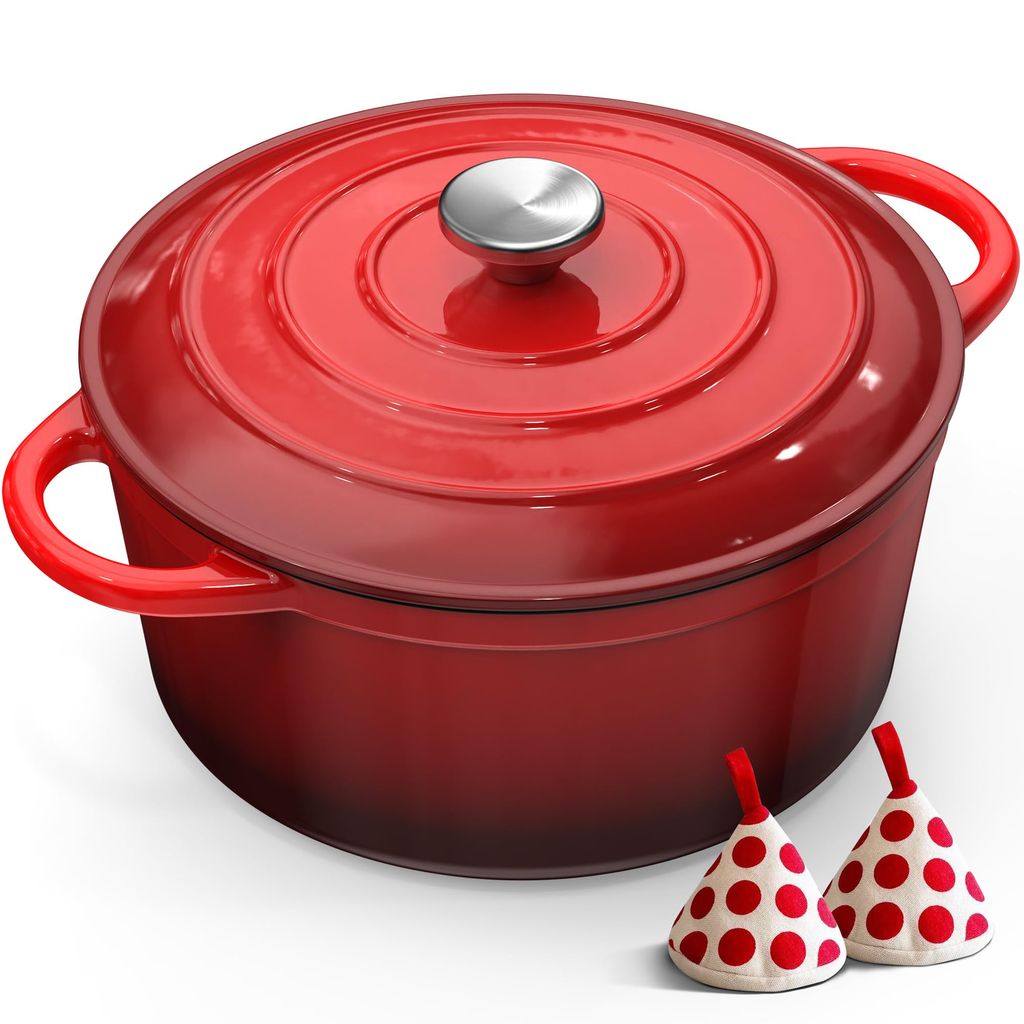 Cast Iron Dutch Oven - 26CM 5L Casserole Dish with Lid Enamelled Cast Iron Round Pot sold by Serenilite store FBA