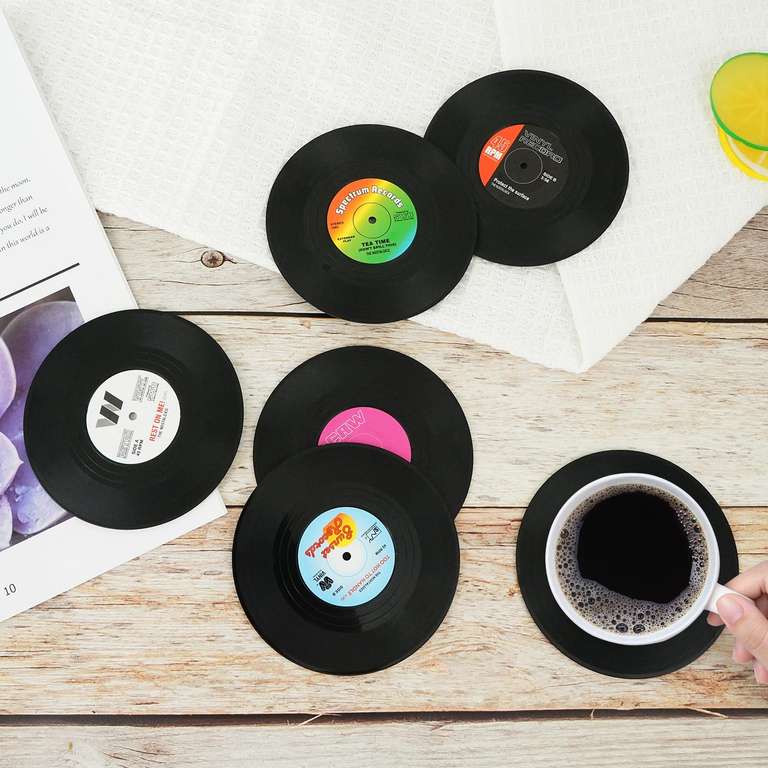 Set Of 6 Retro Vinyl Record Coasters - Non-Slip Silicone Drink Coasters With Straw Cover, Music Lover Gift