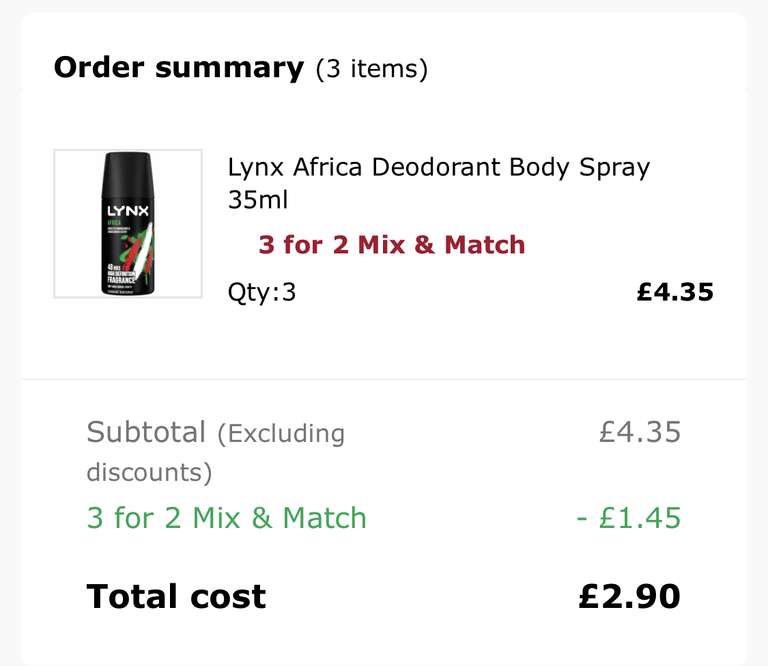 Lynx Africa Deodorant Body Spray 35ml 3 for 2 free collection £2.90 @ Wilkos