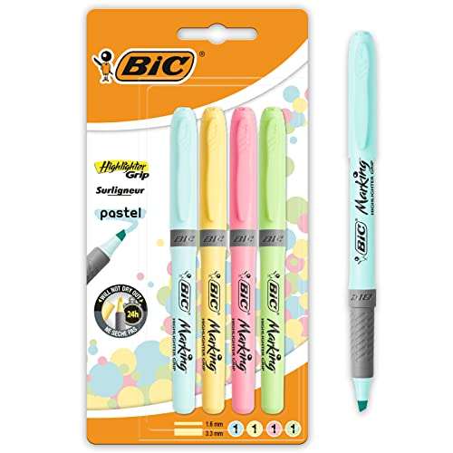 Bic Highlighter Grip Pens with Anti-Drying Technology in 4 Assorted Colors