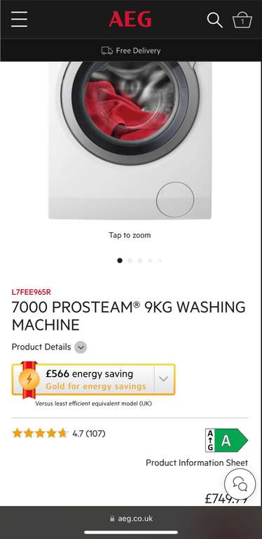 AEG L7FEE965R 7000 ProSteam 9kg Washing Machine £459.27 with Stacked Codes @ AEG