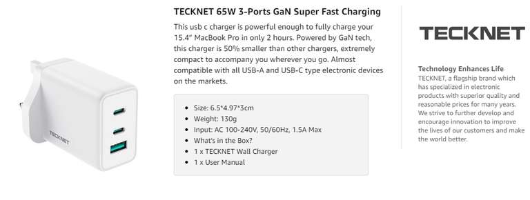65W USB-C 3 Port GaN PD 3.0 Tecknet Charger with code