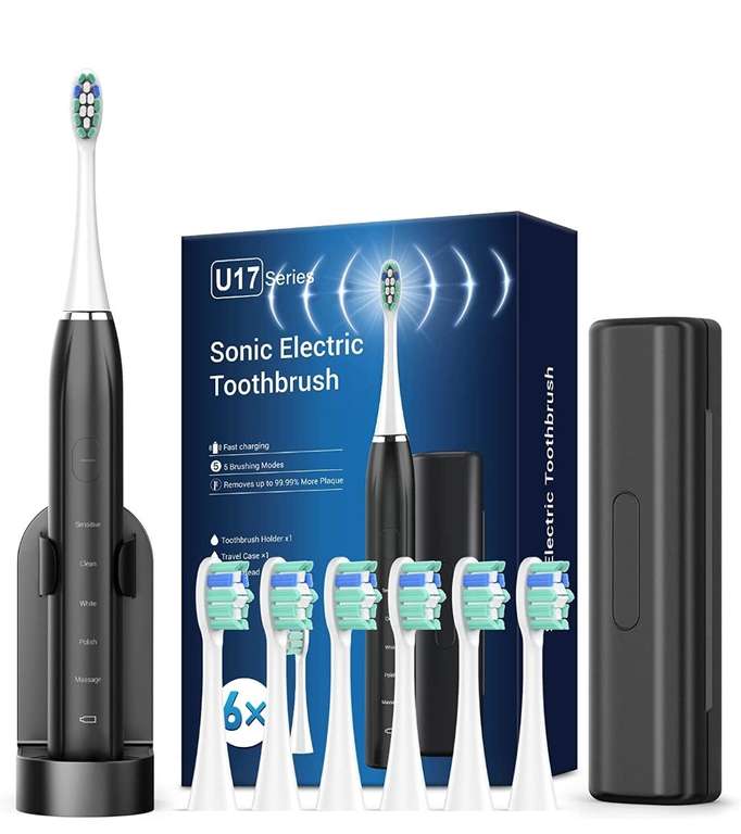 Sonic Electric Toothbrush Rechargeable, 6 brush heads, Holder, Travel Case, Black £9.04 using 30% off voucher from Amazon