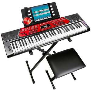 RockJam 61 Key Keyboard Piano With Pitch Bend Kit, Keyboard Stand, Piano Bench, Headphones, Simply Piano App and Keynote Stickers, Black