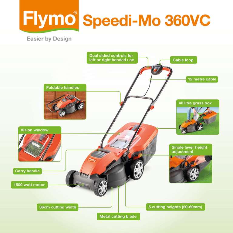Flymo Speedi-Mo 360VC Electric Rotary Lawn Mower, 1500W, 36cm Cutting Width, 40 L Grass Box