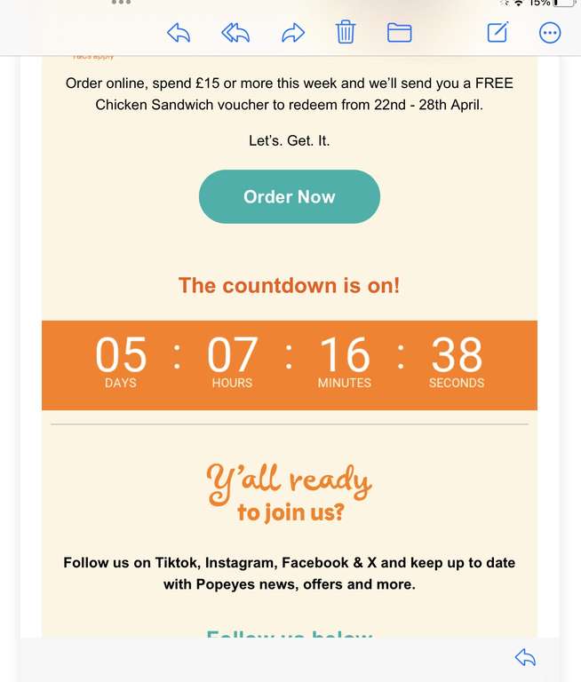 Free Chicken Sandwich (Selected Accounts via Email) on a £15+ Spend
