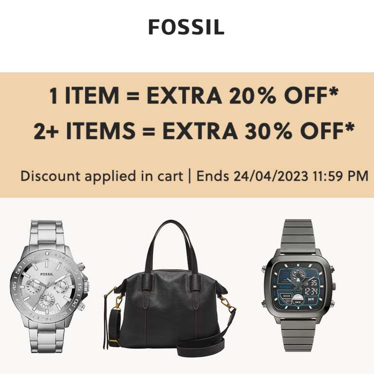 Sale on Sale - Up to 50% Off + Extra 30% off (1 Item) / Extra 40% off (2 items) + Extra 10% With Code + Free Shipping - @ Fossil