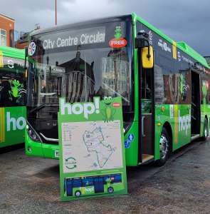 Leicester City Centre: new FREE electric bus route (with free wi-fi & USB charge ports) from Mon 3rd April for 18 months