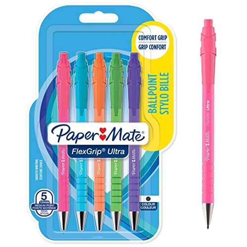 Paper Mate Flexgrip Ultra Retro Ballpoint Pens | Medium Point (1.0mm) | Blue Ink | Retro Barrels | 5 Count