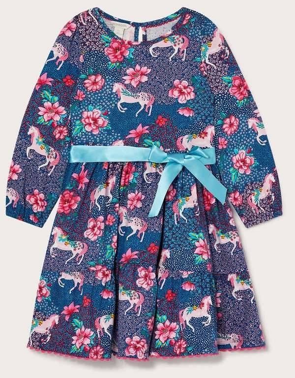 Monsoon Girl’s 100% Cotton Unicorn patchwork jersey dress blue from £10.40 plus free delivery with code @ Monsoon
