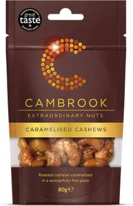 C Cambrook Extraordinary Nuts Caramelised Cashews, Roasted not Fried, Vegetarian, Gluten Free, High Protein, Premium Nuts 80 g Snack Bag