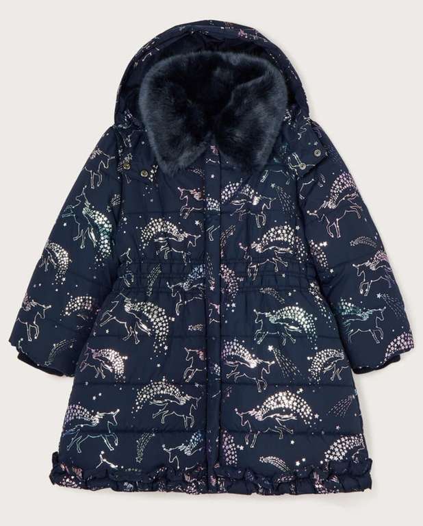 Girl’s Monsoon Foil unicorn padded coat with faux fur collar from £22.98 with code + free click & collect @ Monsoon