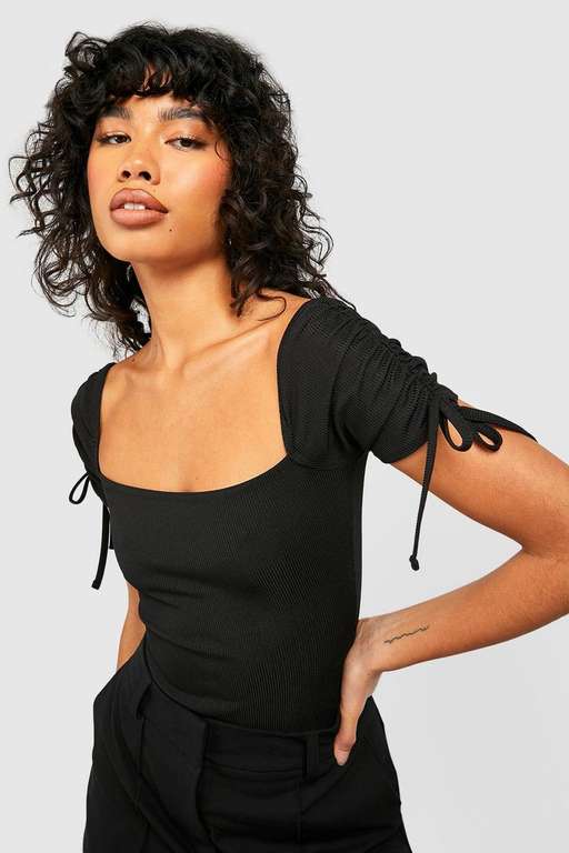Ribbed Tie Sleeve Bodysuit - £3 + Free Delivery with Code, Sold and Delivered by Boohoo @ Debenhams
