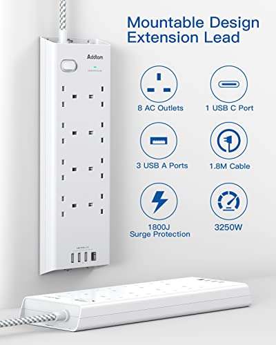 1.8m Extension Lead with USB Slots, 8 Way Outlets 4 USB(1 USB-C and 3 USB-A Port) - £14.94 with code, sold by ADDTAM @ Amazon