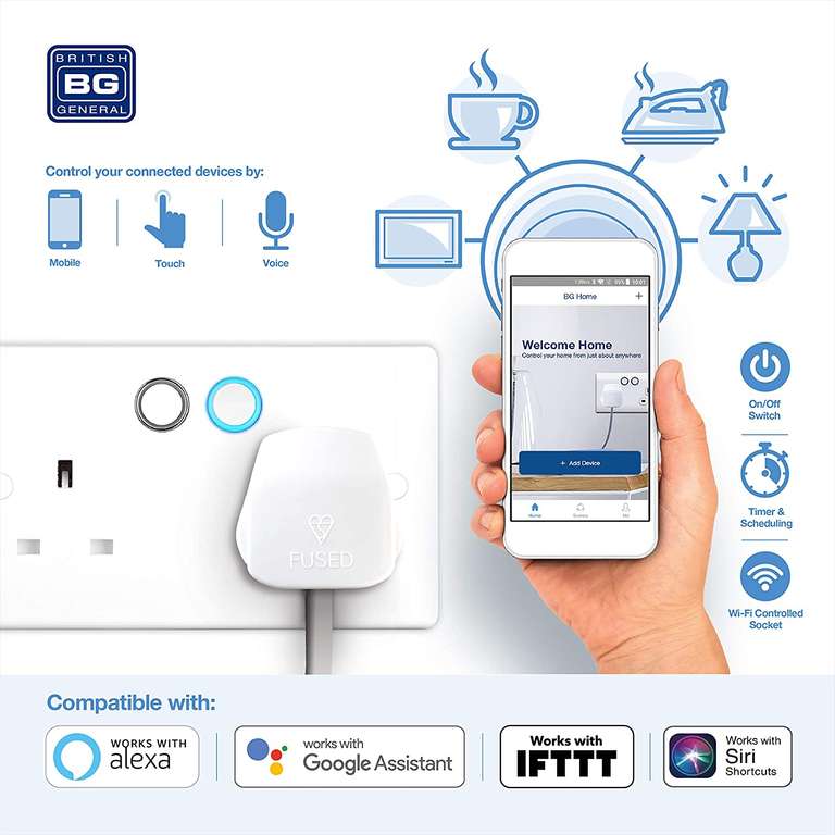Used - Like New BG Electrical 822/HC-01 Smart Power Socket, Alexa Compatible Double 13 Amp, White Moulded £13.39 @ Amazon Warehouse